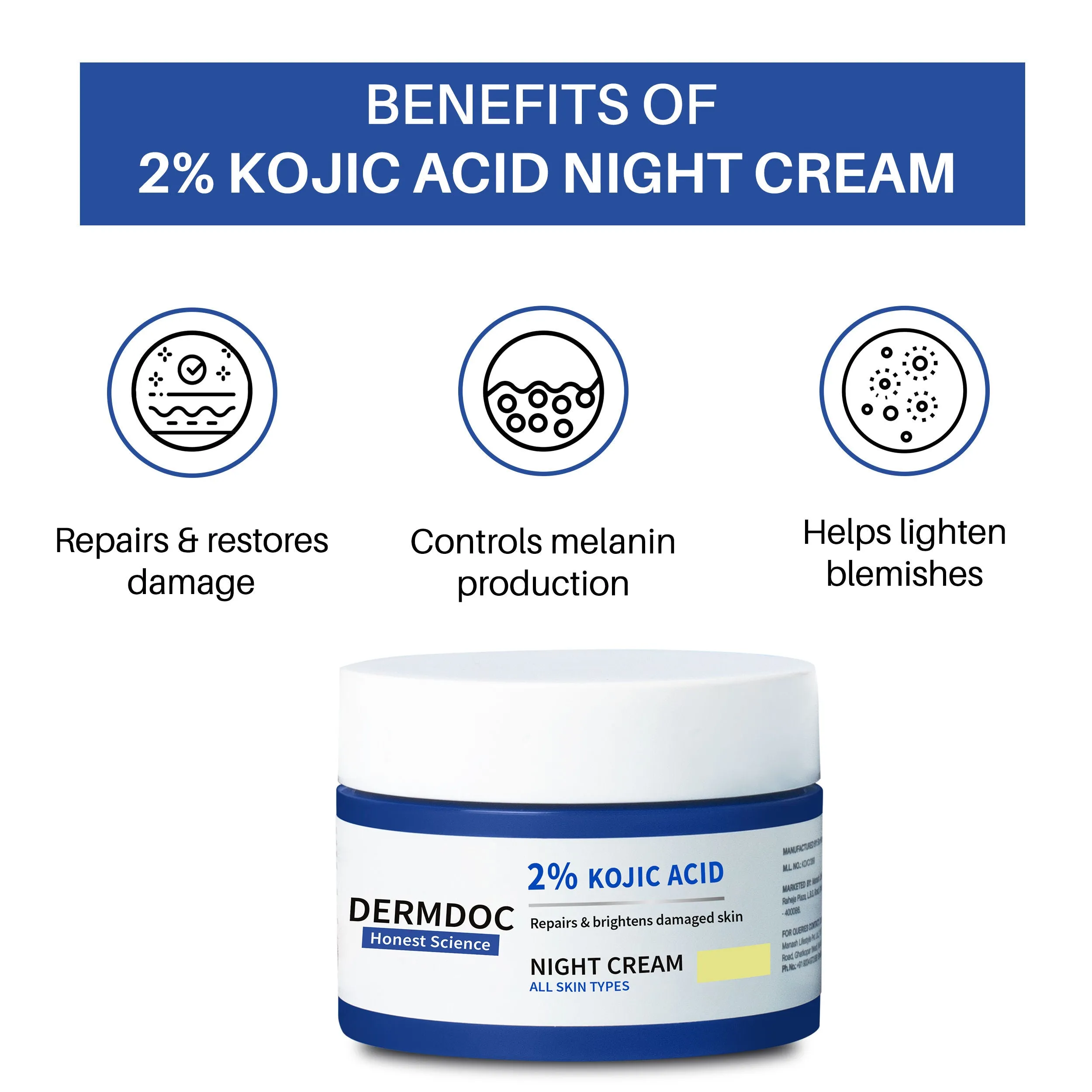 DermDoc 2% Kojic Acid Night Cream (50 gm) | kojic acid cream | night cream | fairness night cream | night cream for oily skin | skin brightening cream | anti blemish cream | cream